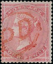 1857 4d Rose-carmine, watermark Large Garter, used with red oval "PD" cancel, very unusual. Photo on