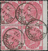 1867-80 3d Rose, watermark Spray of Rose, plates 7, 8 and 9 in blocks of four, all superb used