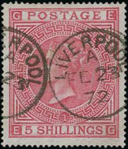 1867-83 5/- Rose, plate 1, watermark Maltese Cross, EG superb used with Liverpool datestamps. S.G.