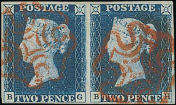 1840 2d Steel blue, plate 1, BG-BH pair with orange-red Maltese Crosses, a superb pair with good