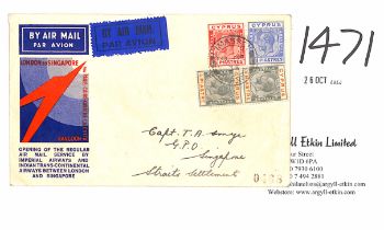 Cyprus. Speedbird cover franked 4.1/2pi from Limassol (Dec. 9) to Singapore, carried back under