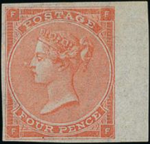 1862-64 4d Pale red plate 4, watermark Large Garter, FF with margin at right, variety imperforate,