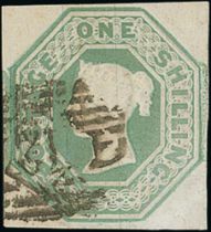 1847 Embossed 1/- pale green, cut square, four good margins, used with a London numeral cancel,