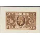 1935 Silver Jubilee, 1½d imperforate colour trial in pale brown, affixed to card. Superb and rare,