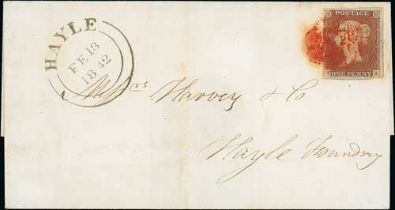 1842 (Feb. 17) Entire from Redruth to Hayle bearing a 1d red, RA plate 2 with four good to large