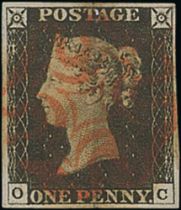 1840 1d Black, OC plate 2 used with a red Maltese Cross, four good even margins, very fine. Photo on