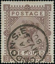 1878 £1 Brown-lilac, watermark Maltese Cross, BB fine used with London S.E c.d.s. S.G. 129, £3,