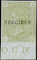 1877 4d Sage-green, plate 15, JD imperforate marginal plate proof handstamped type 9 Specimen,