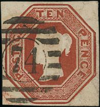 1848 Embossed 10d, cut square, four good margins, used with London "74" cancel, fine. S.G. £1,500.