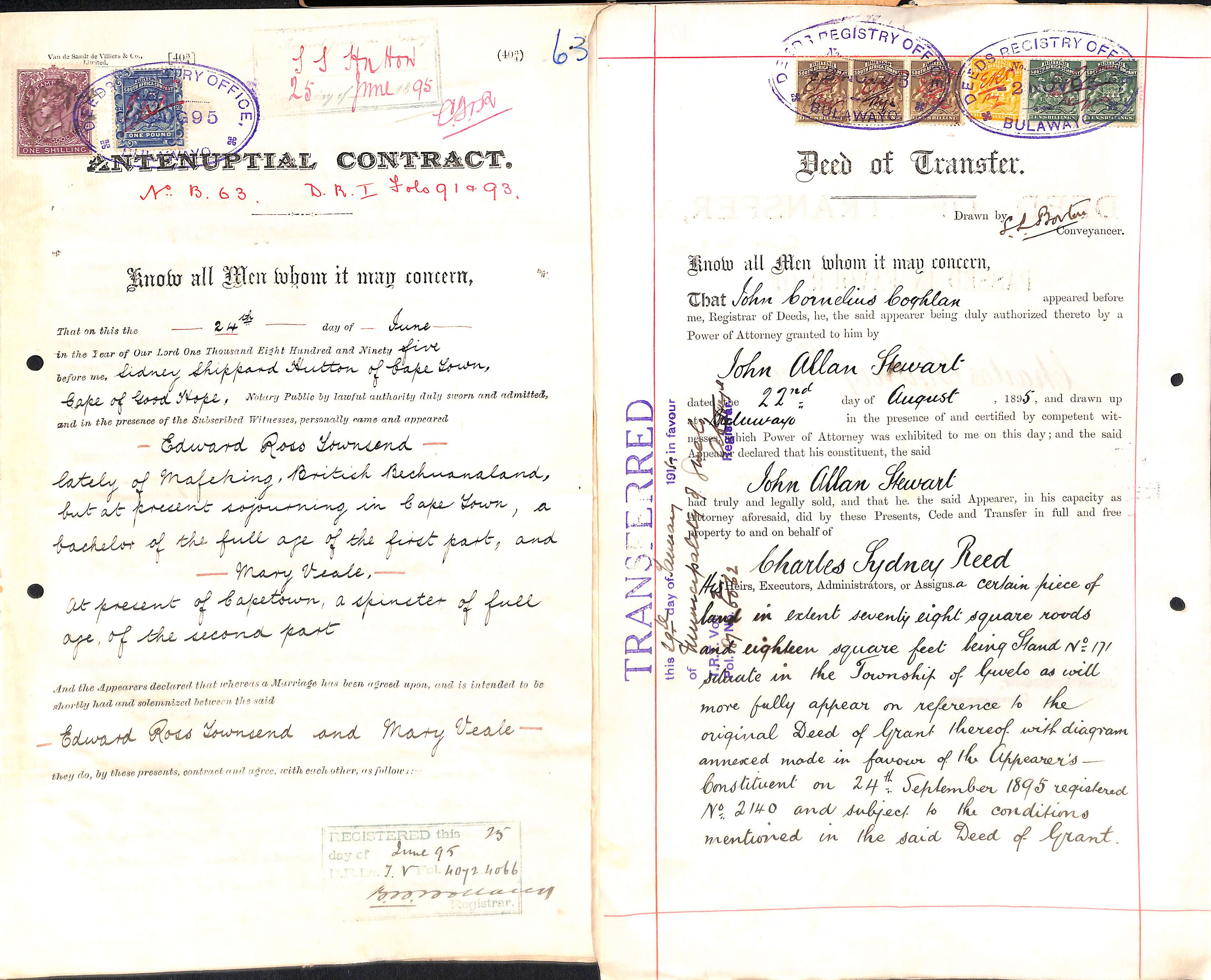 1895-1903 Legal documents comprising Deeds of Transfer (21), Mortgages (4) and prenuptial marriage