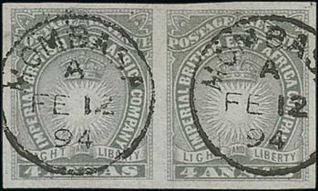 4a Grey (imperf) horizontal pair used, each with a 1894 (Feb. 12) Mombasa c.d.s, fine and very