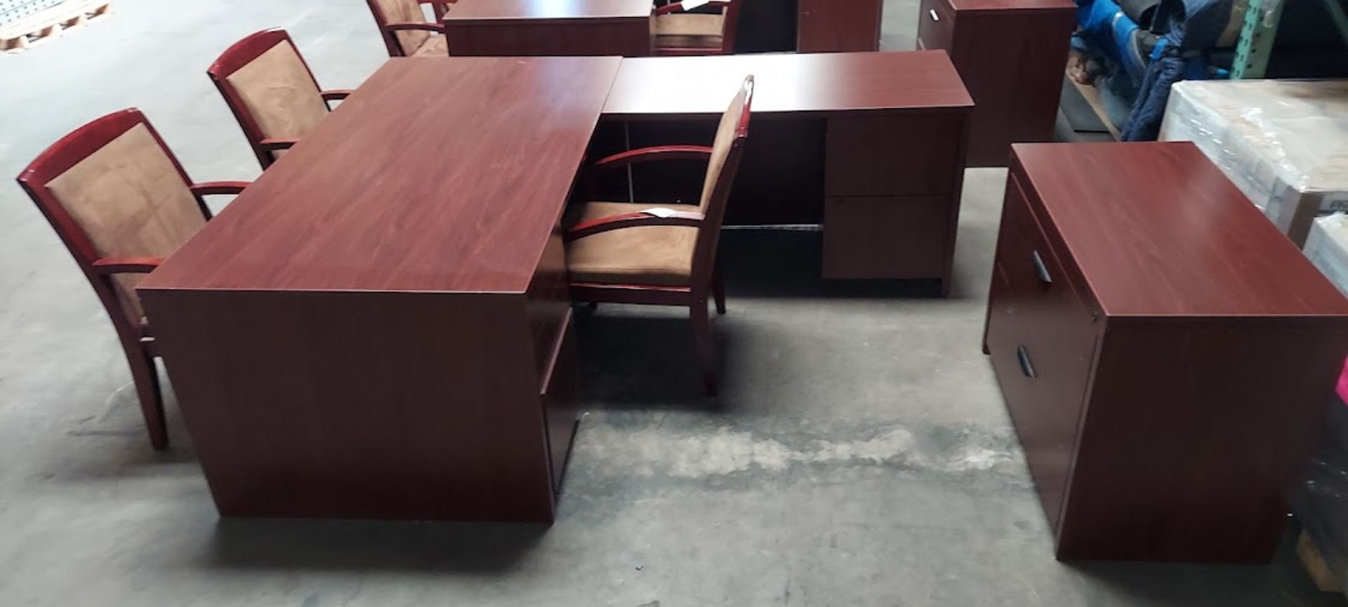 Executive L Shaped Office Desk, 3 - Chairs, 2 Drawer Latheral Filing Cabinet - Image 5 of 6