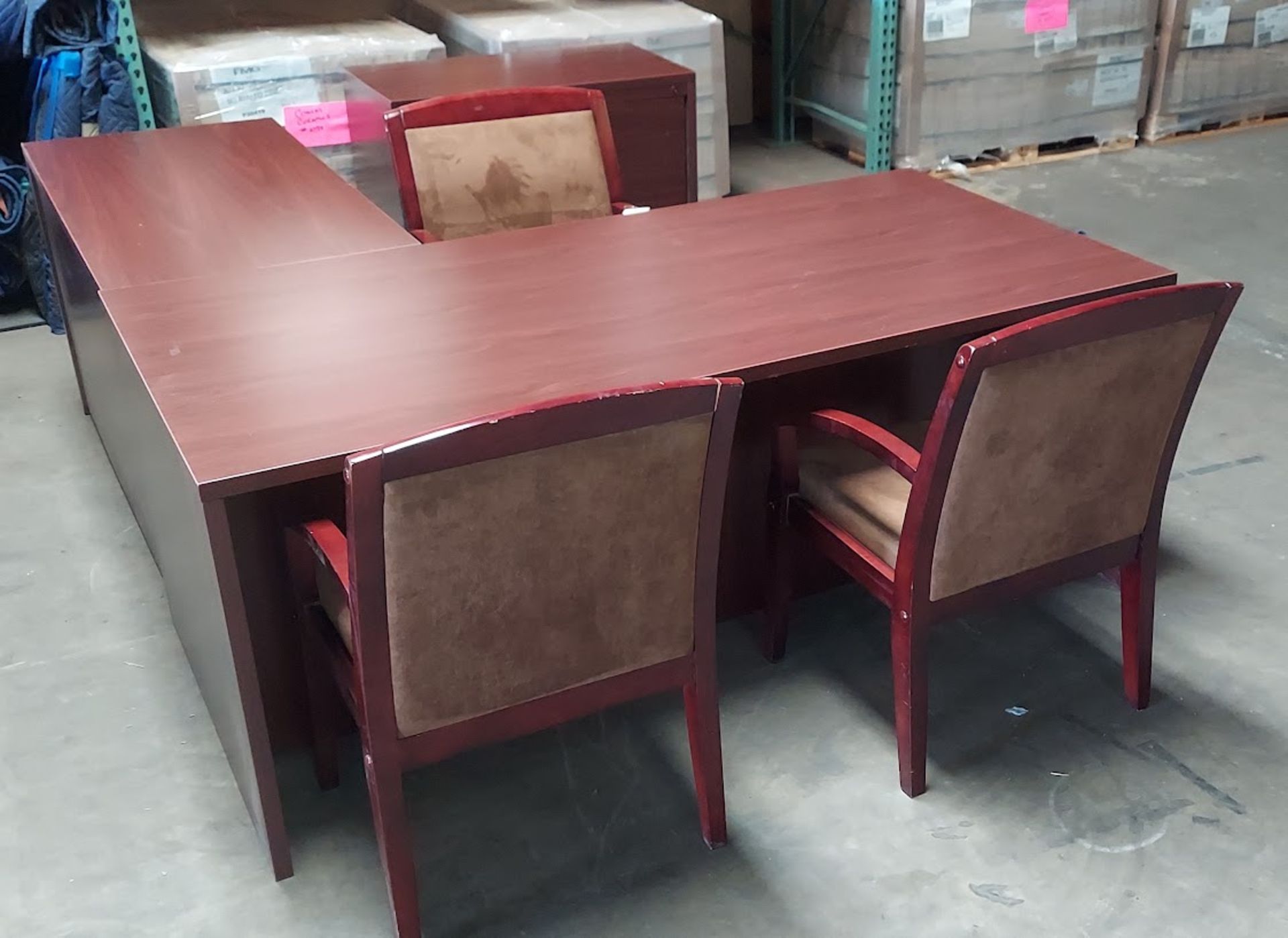 Executive L Shaped Office Desk, 3 - Chairs, 2 Drawer Latheral Filing Cabinet