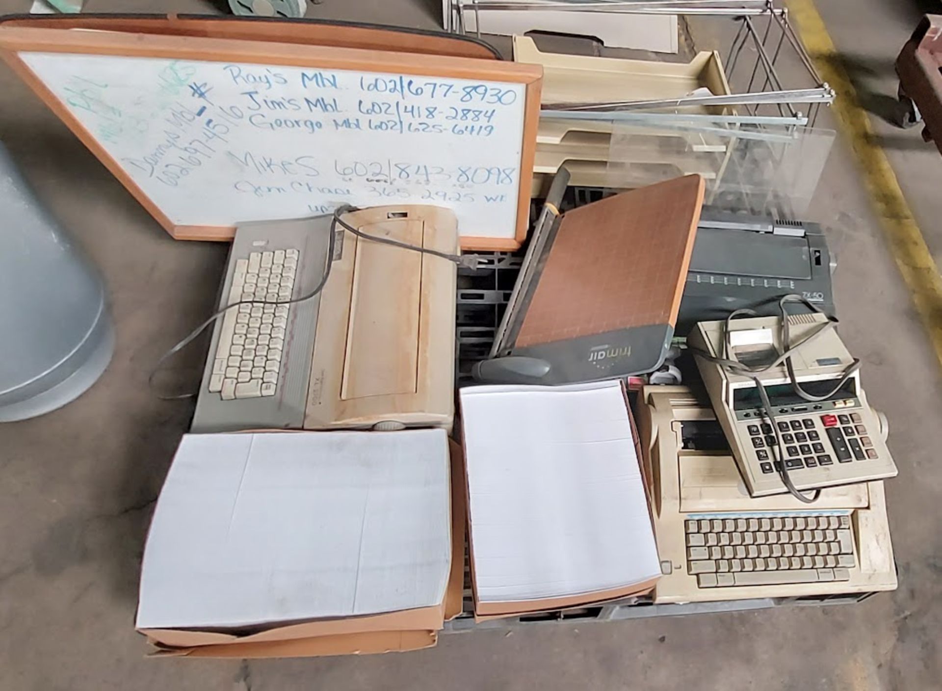 Pallet of Typewriters, Calculator, Paper Cutter, Dry Erase Boards, & More
