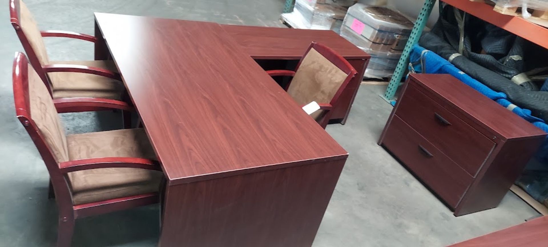 Executive L Shaped Office Desk, 3 - Chairs, 2 Drawer Latheral Filing Cabinet