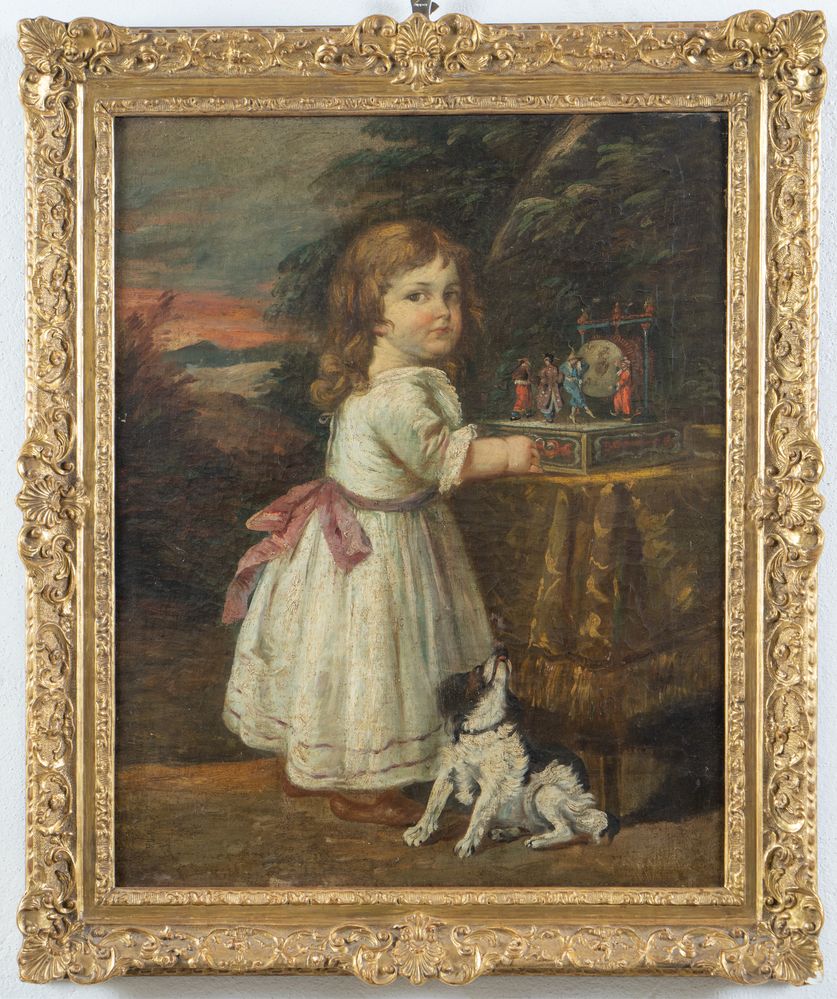Maestro del XIX secolo. "Bambina con cane". Olio su tela. Cm 83x65. - Image 2 of 3