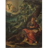 Maestro del XVII secolo. "San Giovanni a Patmos". Olio su rame. Cm 23,5x18.
