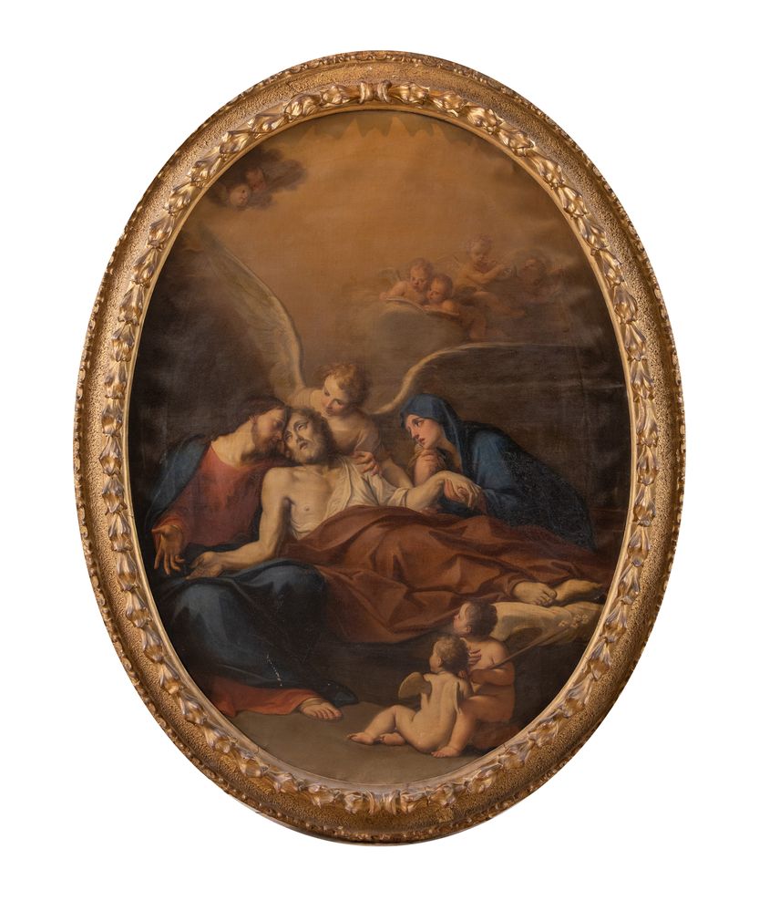 Maestro bolognese del XVII secolo. "Morte di San Giuseppe". Olio su tela. Cm 151x111.