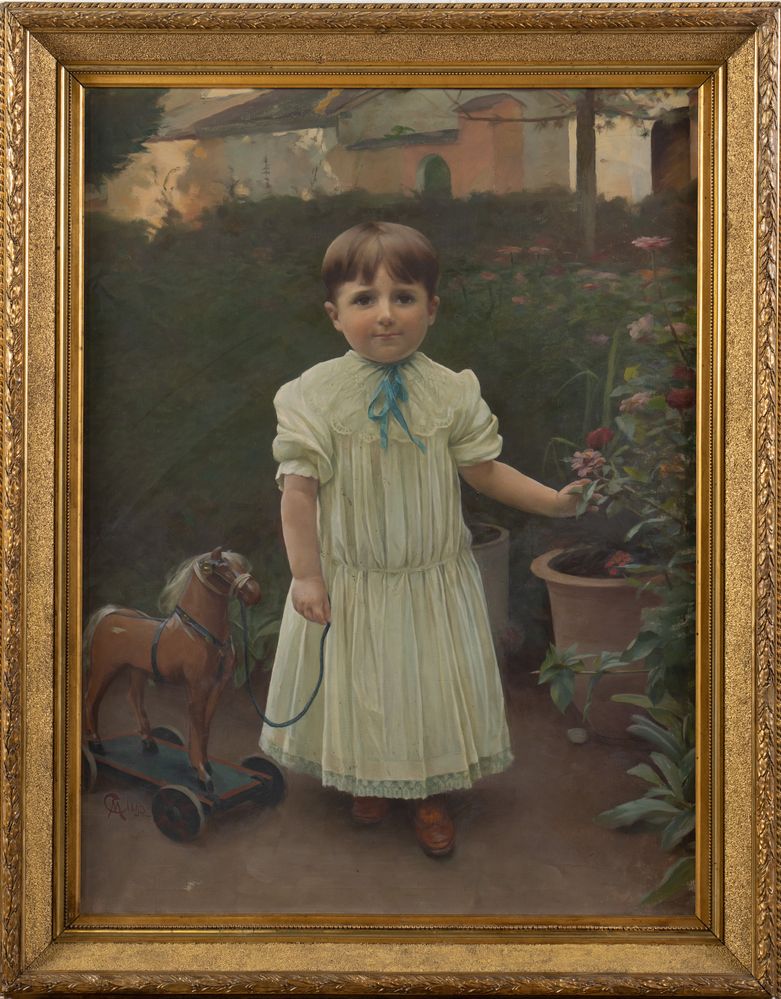 CAMILLO MERLO (1856-1931) "Ritratto di bambina con cavallino", 1893. Olio su tela. Cm 102,5x78,5. Op - Image 2 of 4