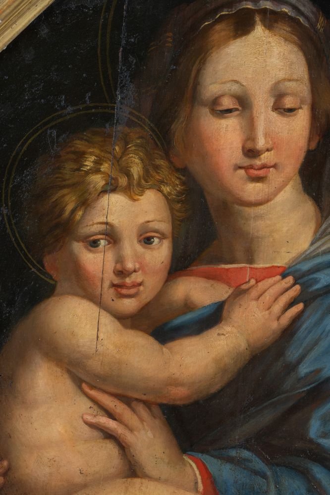 Maestro del XVIII secolo. "Madonna con bambino". Olio su tavola. Cm 61x61. - Image 3 of 5