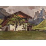 PETER DEMETZ-FÃ‹UR (Ortisei 1913 - 1977) "Paesaggio montano", 1939. Acquerello su carta. Cm 33x45,5.