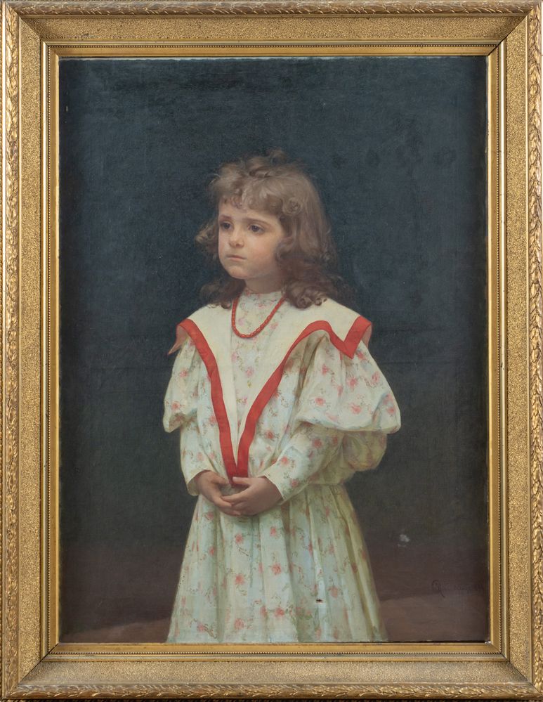 Maestro del XIX secolo. "Bambina con collana di corallo", 1899. Olio su tela. Cm 98x72,5. Reca in ba - Image 2 of 3