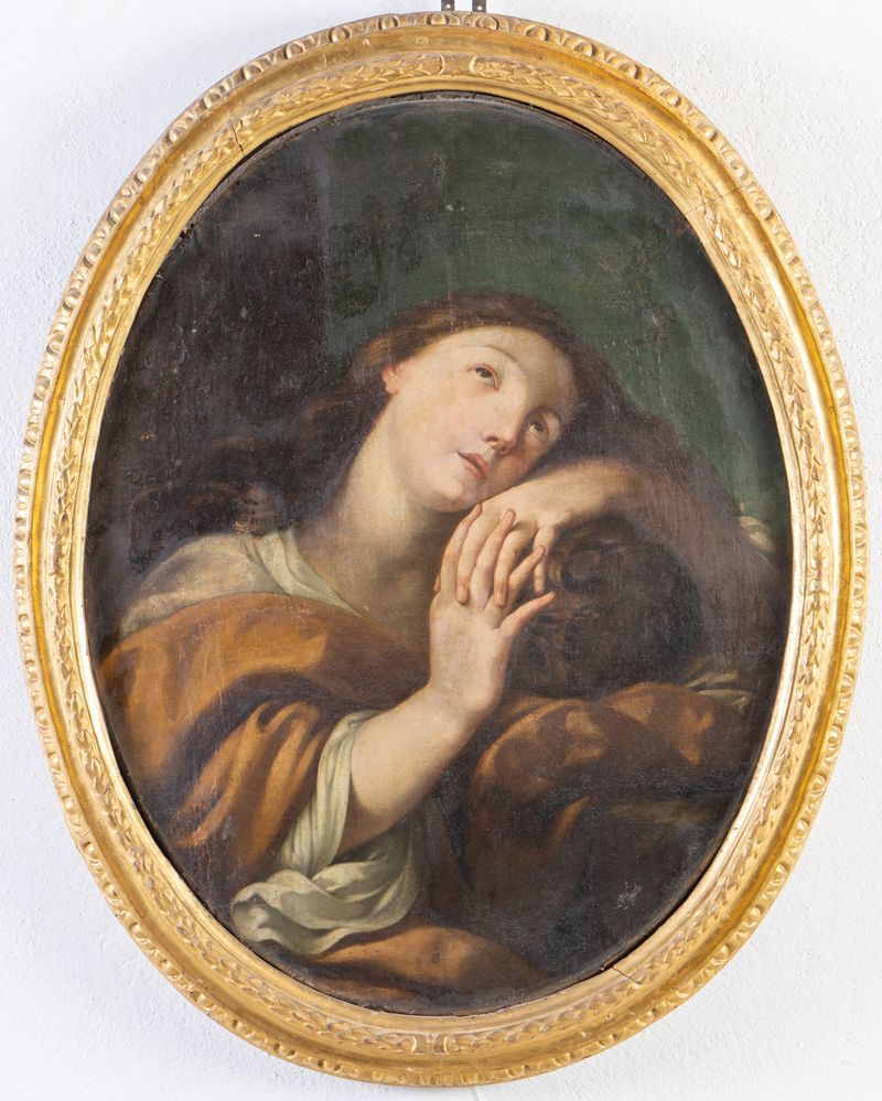 Maestro emiliano del XVII secolo. "Maddalena". Olio su tela. Cm 84x67. Cornice coeva.