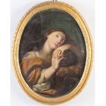Maestro emiliano del XVII secolo. "Maddalena". Olio su tela. Cm 84x67. Cornice coeva.