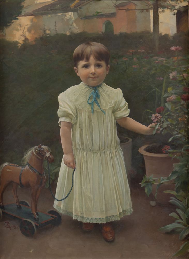 CAMILLO MERLO (1856-1931) "Ritratto di bambina con cavallino", 1893. Olio su tela. Cm 102,5x78,5. Op