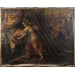 Maestro del XVII secolo. "Giuditta e Oloferne". Olio su tela. Cm 177,5x228,5.