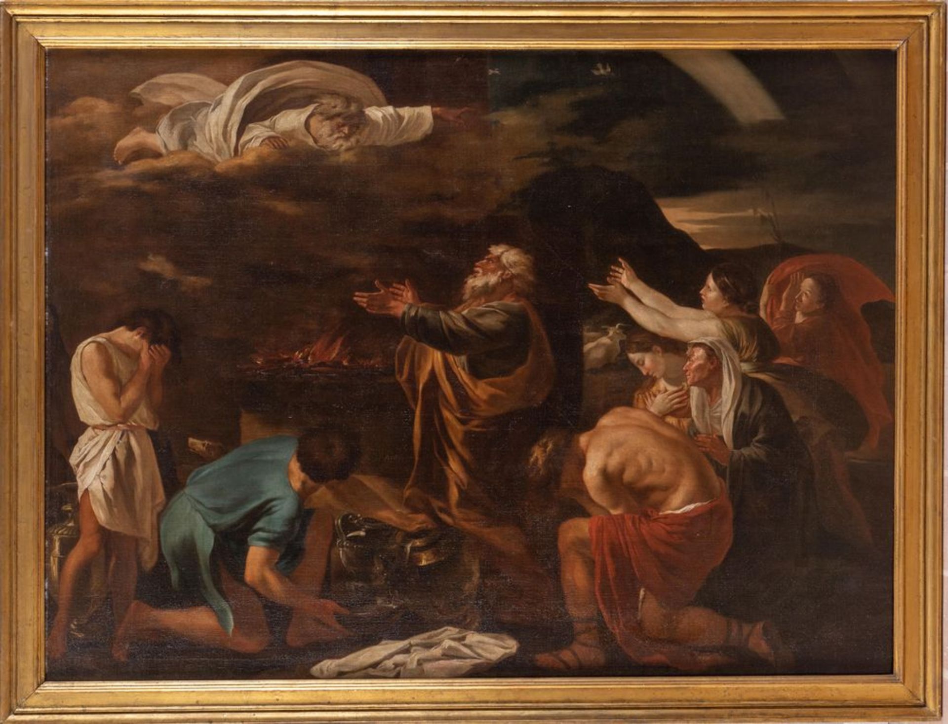 Maestro del XVIII secolo. "Sacrificio di NoÃ¨ dopo il diluvio". Olio su tela. Copia da Poussin. Cm 9 - Image 2 of 3