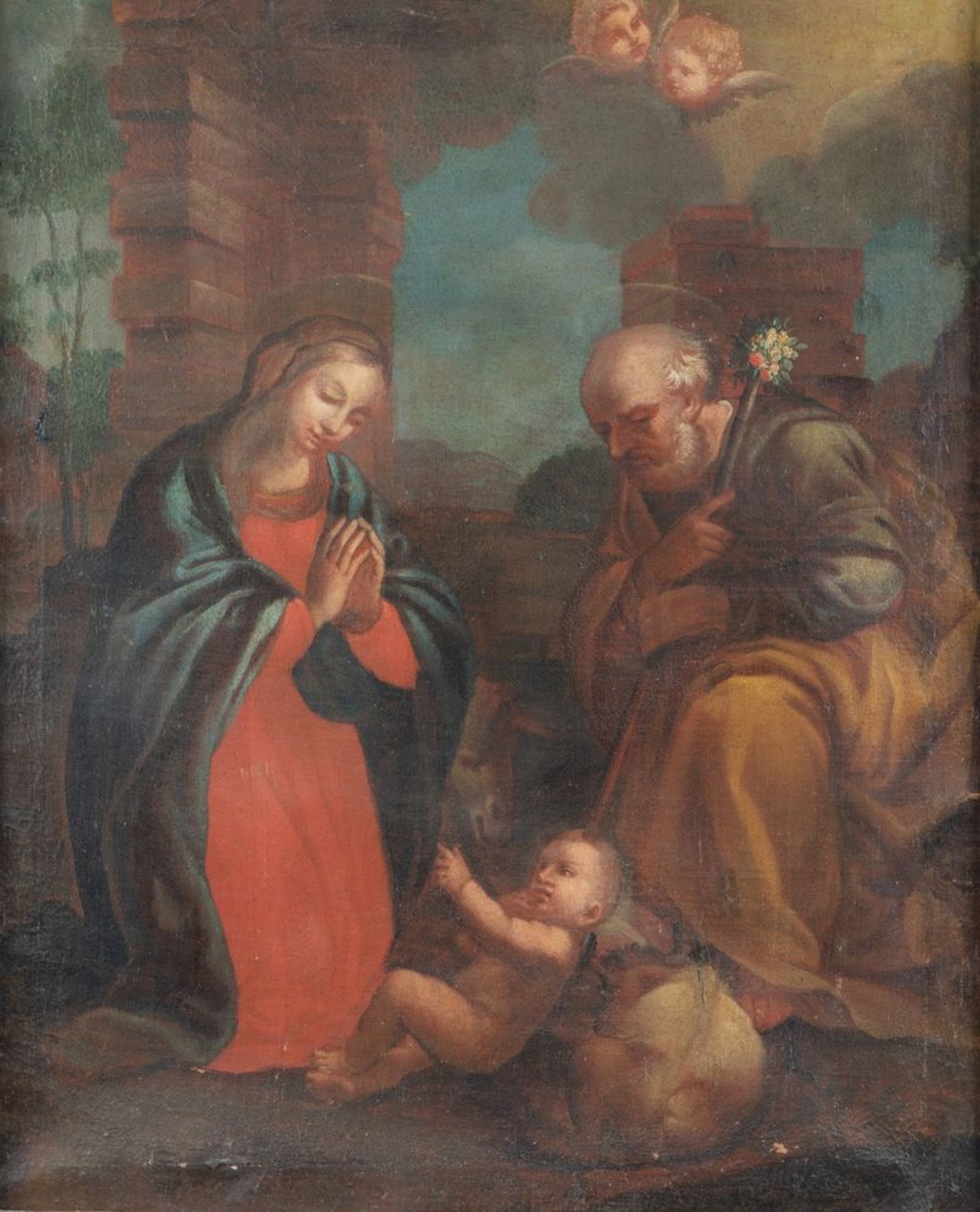 Maestro del XVIII secolo. "Sacra famiglia". Olio su tela. Cm 75x61.