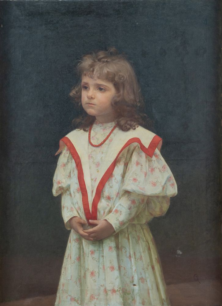 Maestro del XIX secolo. "Bambina con collana di corallo", 1899. Olio su tela. Cm 98x72,5. Reca in ba