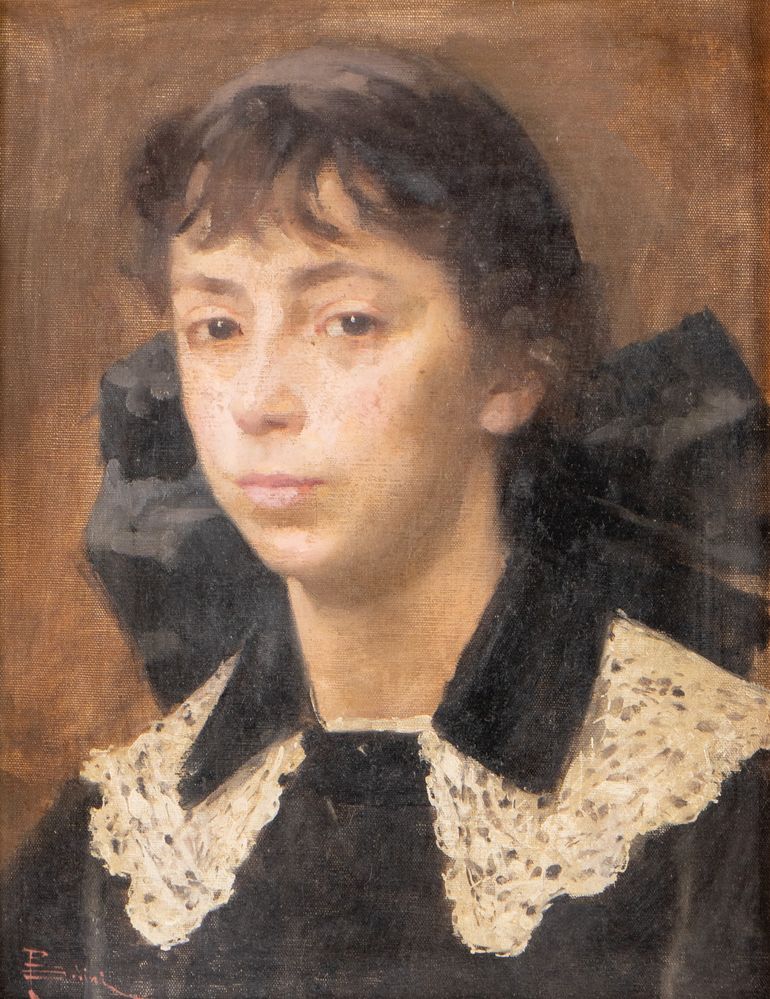 PAOLO BEDINI (Bologna 1844 - 1924) "Ritratto di fanciulla con fiocco nero", 1905-1915 ca. Olio su te