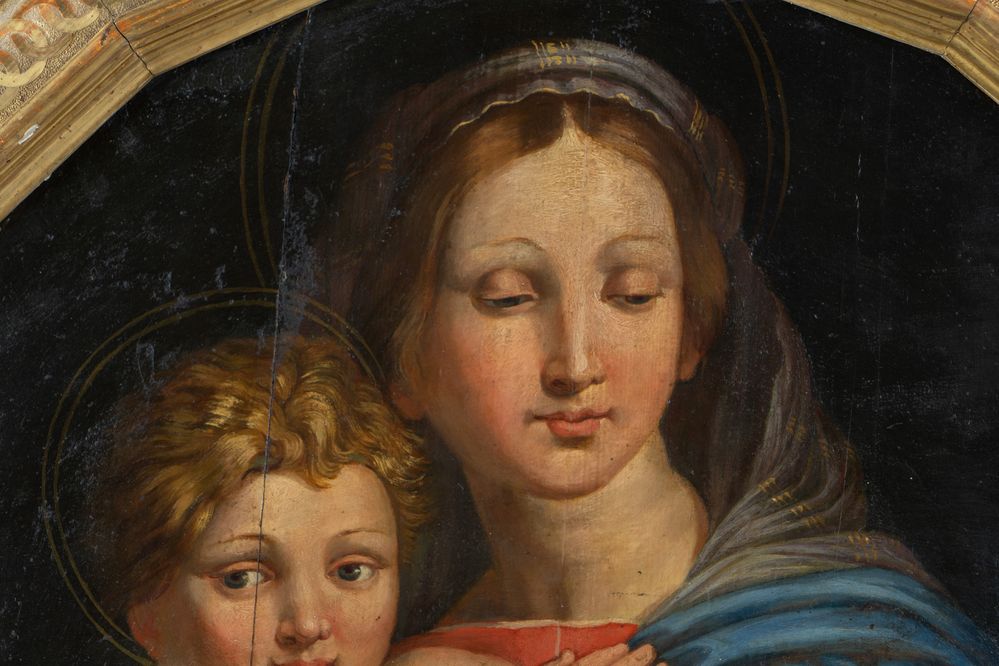 Maestro del XVIII secolo. "Madonna con bambino". Olio su tavola. Cm 61x61. - Image 2 of 5