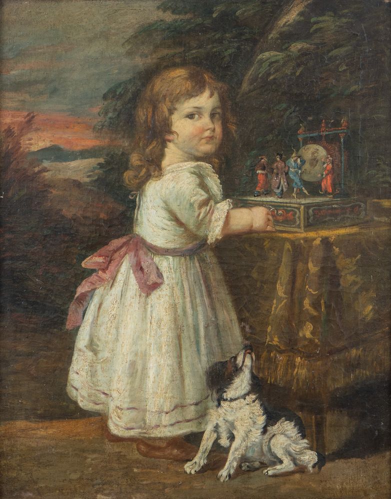 Maestro del XIX secolo. "Bambina con cane". Olio su tela. Cm 83x65.