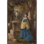 Maestro del XIX secolo. "Figura di donna in giardino con amorino. Olio su tela. Cm 54x35.