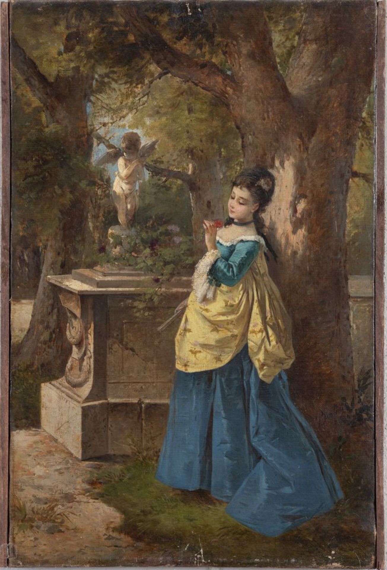 Maestro del XIX secolo. "Figura di donna in giardino con amorino. Olio su tela. Cm 54x35. 