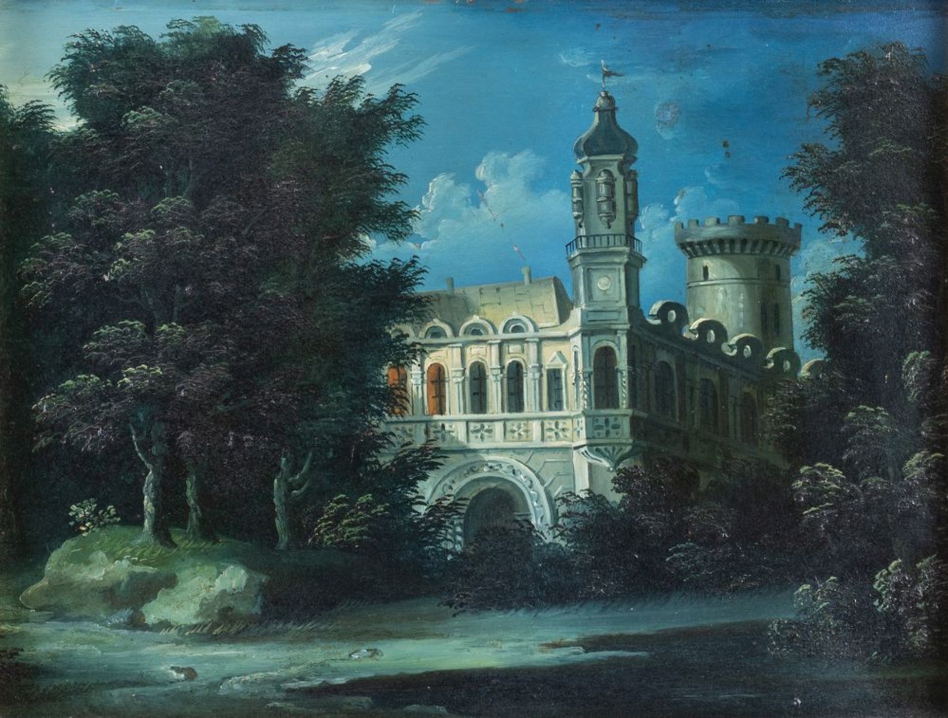 Maestro degli inizi del XIX secolo. "Paesaggio con castelloâ€. Olio su rame. Cm 25,5x33.