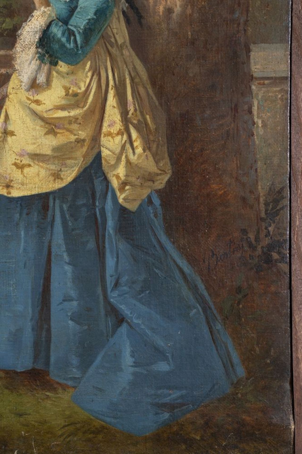 Maestro del XIX secolo. "Figura di donna in giardino con amorino. Olio su tela. Cm 54x35.  - Bild 2 aus 3
