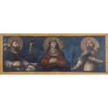 Maestro del XVII secolo. "Madonna delle Sette Spade con Santi". Olio su tavola. Cm 53,5x138,5.