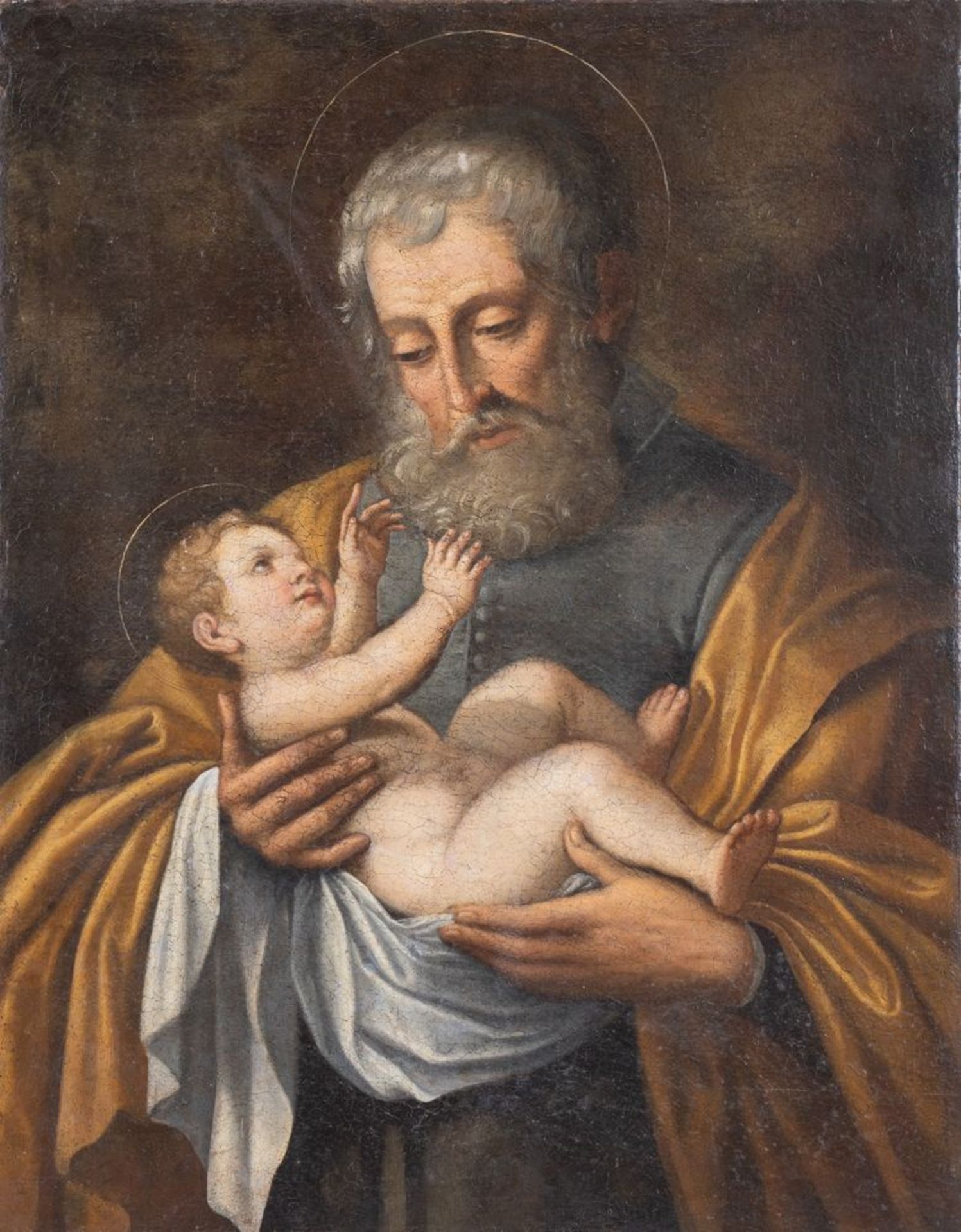 Maestro emiliano del XVII secolo. "San Giuseppe con il Bambino". Olio su tela. Cm 78,5x68.