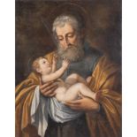 Maestro emiliano del XVII secolo. "San Giuseppe con il Bambino". Olio su tela. Cm 78,5x68.