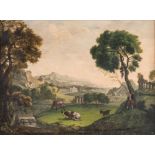 EUGENIO BONO' (Venezia 1805 -Portogruaro 1896) "Paesaggio con armenti e figureâ€. Olio su tela. Cm