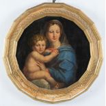 Maestro del XVIII secolo. "Madonna con bambino". Olio su tavola. Cm 61x61.