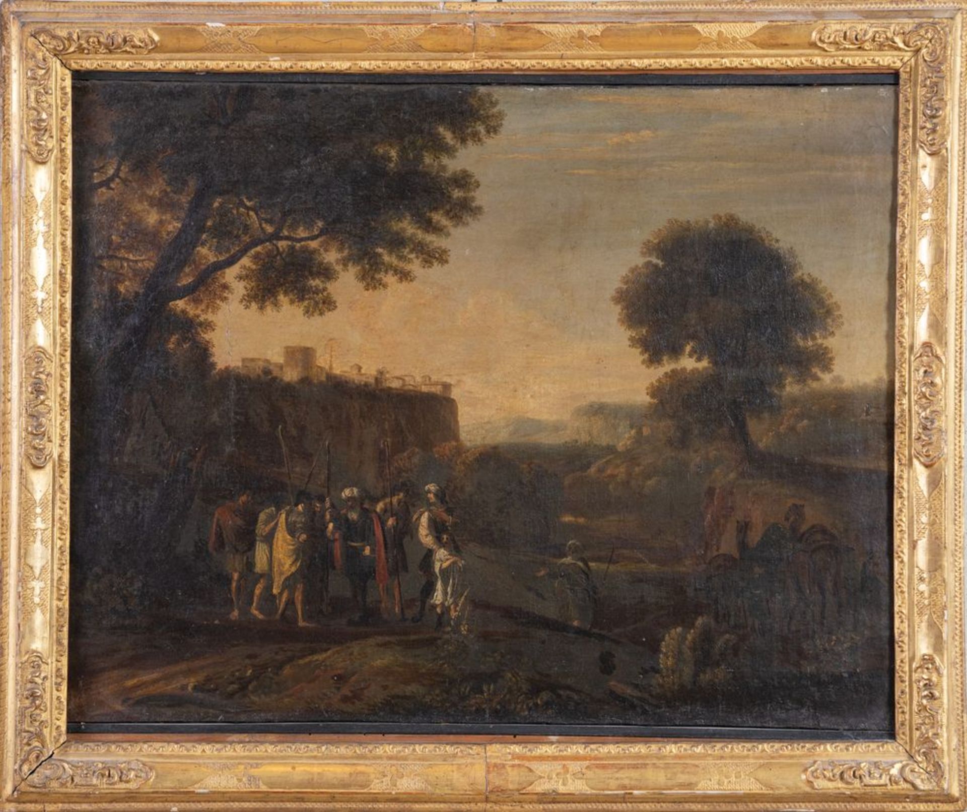 Maestro del XVII secolo.  "Paesaggio con scena biblica". Olio su tela. Cm 50x67,5. - Bild 2 aus 3