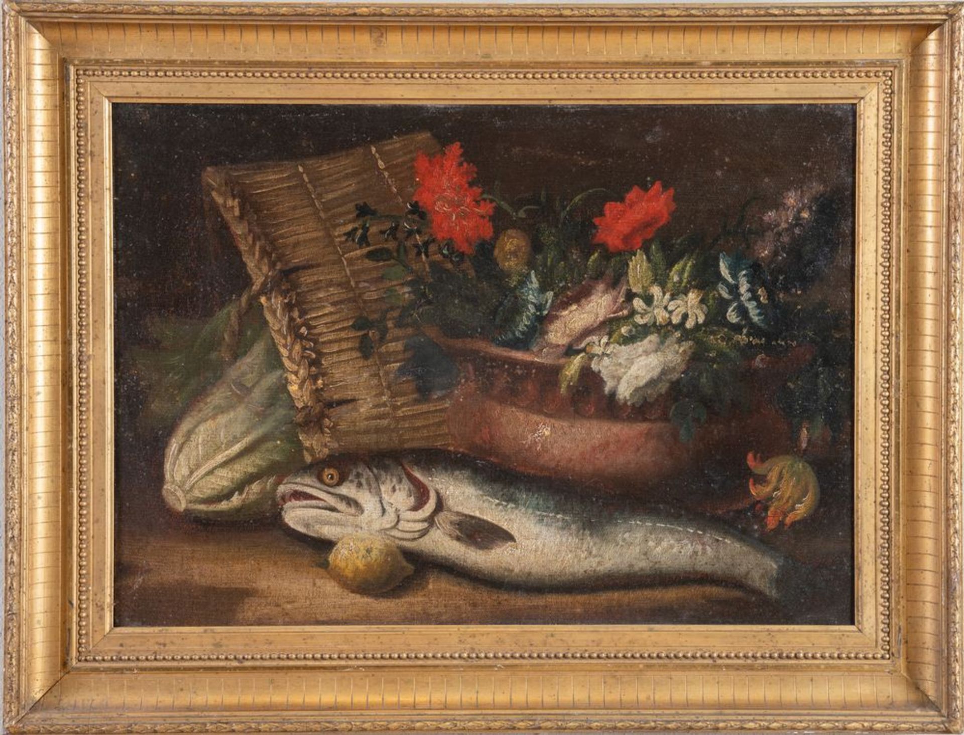 Maestro emiliano del XVIII secolo. "Natura morta con pesce". Olio su tela. Cm 43x60. al retro reca e - Bild 2 aus 3