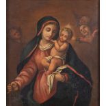 Maestro del XVII secolo. "Madonna con Bambino e angeli". Olio su tela. Cm 80x70. (restauri)