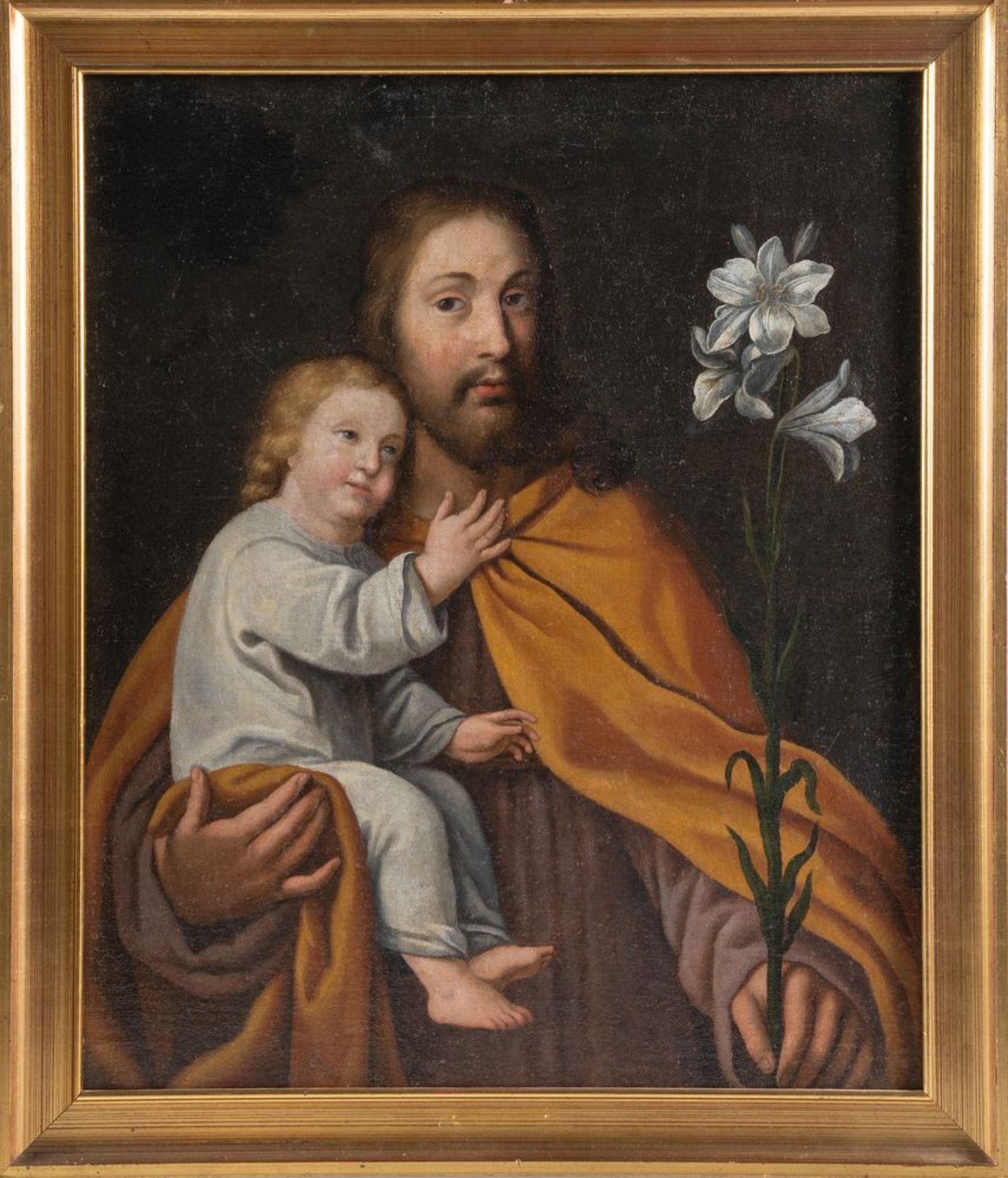 Maestro del XVII secolo. "San Giuseppe con il Bambino". Olio su tela. Cm 60 x 50. - Bild 2 aus 3