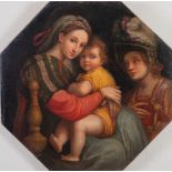 Maestro emiliano del XVII secolo. "Madonna della seggiola con San Michele". Olio su tela ottagonale.